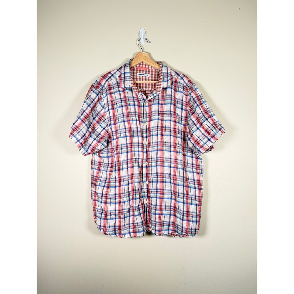 Tommy Bahama Mens Short Sleeve Plaid Button Down Shirt Red Blue White XL - Picture 2 of 10